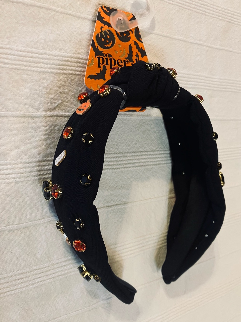 NWT Piper K Halloween Jeweled Headband Black Knotted Rhinestone Pumpkin